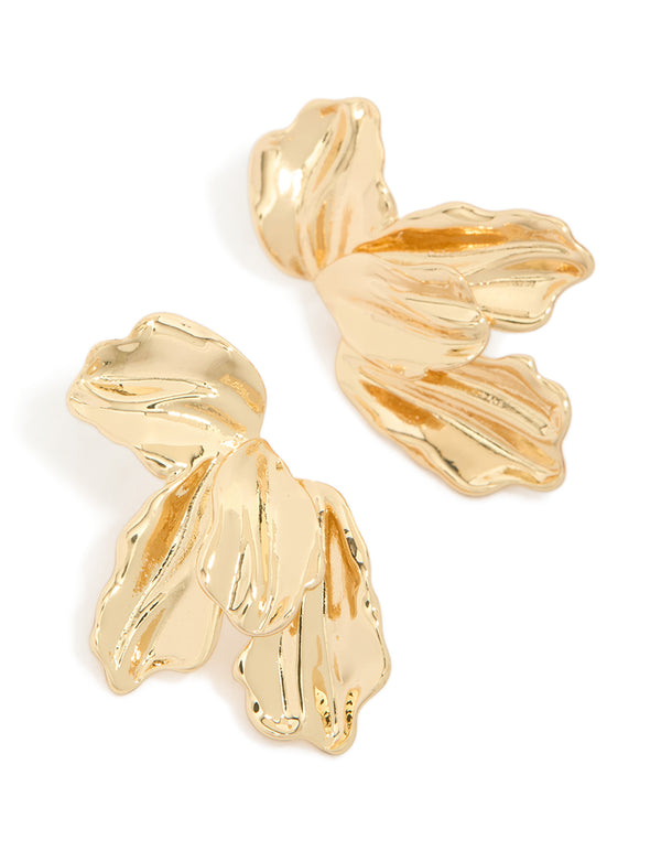 Gold Plated Organic Half Flower Statement Earrings