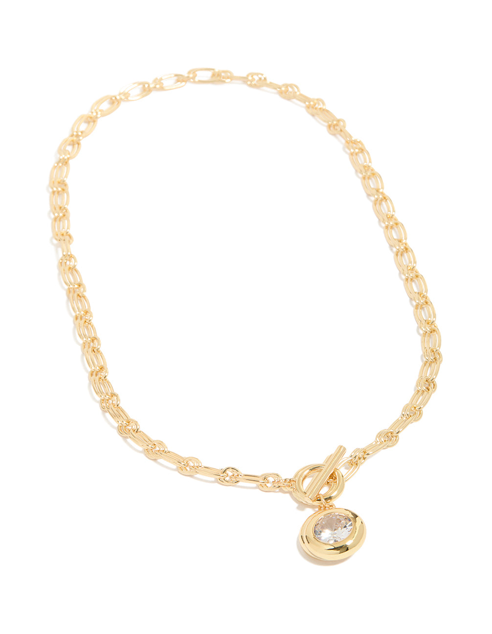 Stunning T-bar chain necklace designed with cubic zirconia and gold plated metal front view