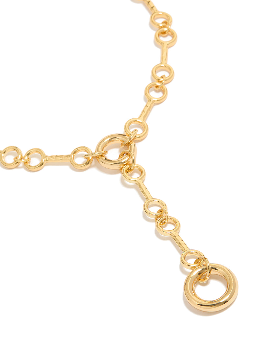 This gold plated multi organic circle Y-necklace with interconnected ring design close up view