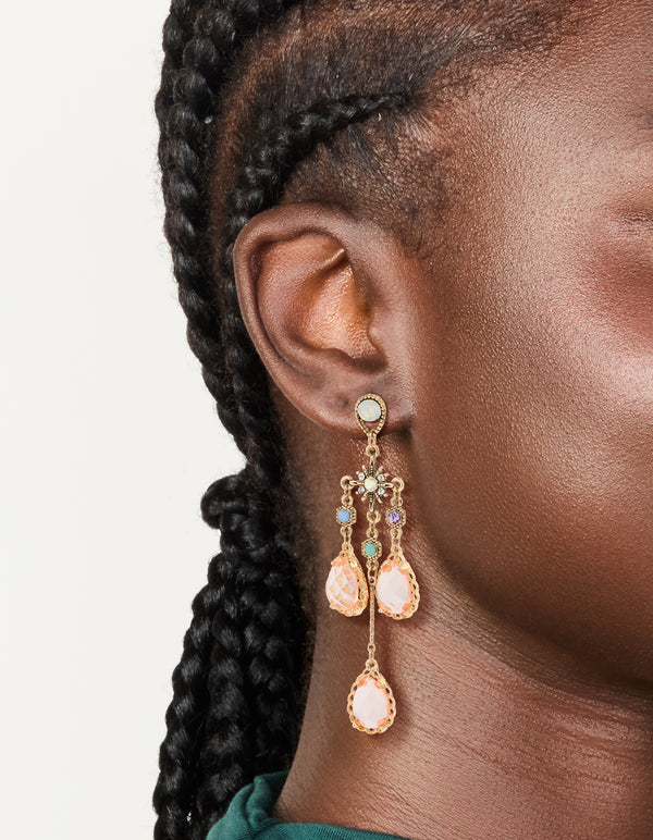 Gold Pink Diamantes Irregular Long Drop Earrings