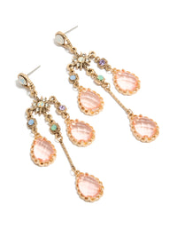 Showcasing statement stud closure diamante irregular long drop earrings featuring celestial charm designs in gold and pink front view - link has visual effect only