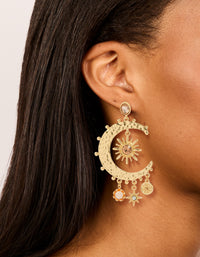 Gold Clear & Pink Diamante Celestial Moon Drop Earrings - link has visual effect only