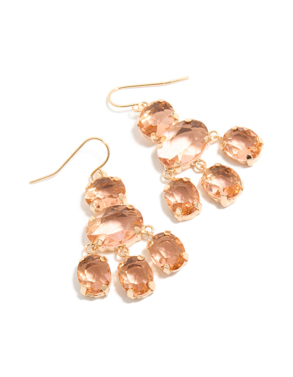 Showcasing gold pink stone charm hook drop earrings front view