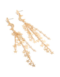 Showcasing gold star and moon chain drop earrings featuring celestial charm design front view - link has visual effect only