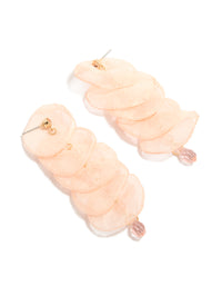 Showcasing pink fabric round layered drop earrings featuring statement style with beads in beige, pink and gold tones front view - link has visual effect only