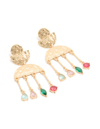 Showcasing worn gold pink and green diamantes drop earrings with charm statement design front view - link has visual effect only