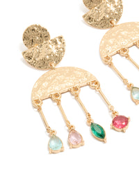 Featuring worn gold pink and green diamantes drop earrings with charm statement detailing close up view - link has visual effect only