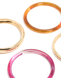 Featuring gold brown and dark pink acrylic 4-pack bangles close up view - link has visual effect only