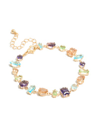 Displaying a bracelet with irregular shaped multicoloured diamantes in stackable gold front view - link has visual effect only
