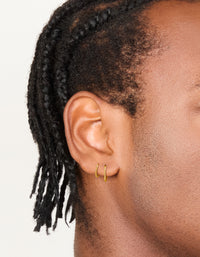 Featuring waterproof gold plated stainless steel mixed size sleeper hoop earrings in a 2-pack on ear view - link has visual effect only