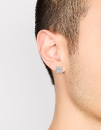 Mens waterproof stainless steel multi square cubic zirconia stud earrings in silver on ear view - link has visual effect only