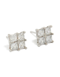 Showcasing mens waterproof stainless steel multi square cubic zirconia stud earrings in silver front view - link has visual effect only