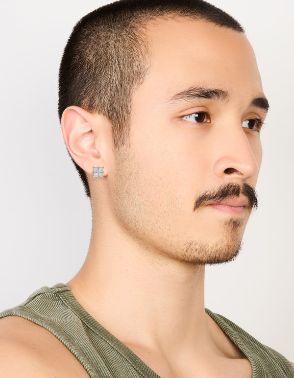 Featuring mens waterproof stainless steel multi square cubic zirconia stud earrings in silver on model view