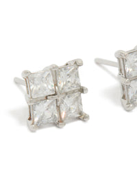 Crafted mens waterproof stainless steel multi square cubic zirconia stud earrings in silver close up view - link has visual effect only