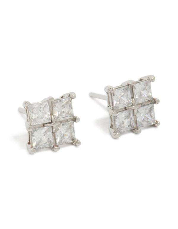 Showcasing mens waterproof stainless steel multi square cubic zirconia stud earrings in silver front view