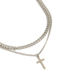 Showcasing mens waterproof stainless steel curb chain cross necklaces 2-pack with pendant in silver close up view - link has visual effect only