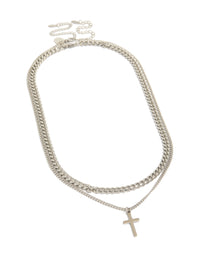 Featuring mens waterproof stainless steel curb chain cross necklaces 2-pack with pendant in silver front view - link has visual effect only