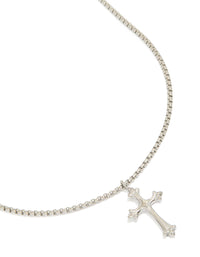 Showcasing a waterproof stainless steel gothic cross necklace with pendant in silver close up view - link has visual effect only