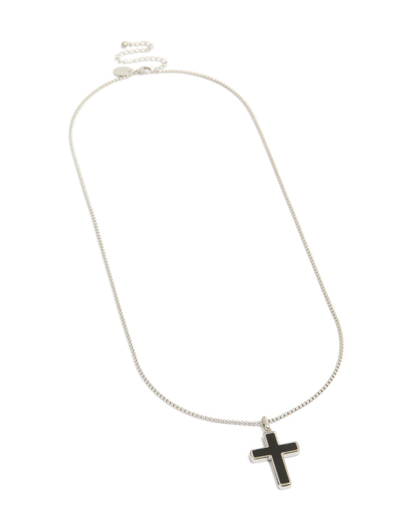 Featuring a mens waterproof stainless steel black enamel cross necklace with pendant front view