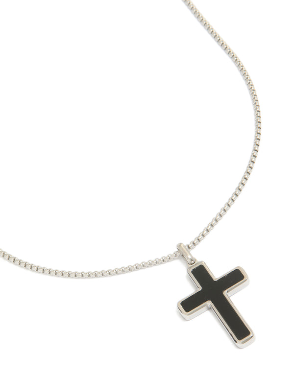 Showcasing a mens waterproof stainless steel black enamel cross necklace with pendant close up view