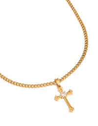 Showcasing a mens waterproof gold plated stainless steel cubic zirconia detailed long cross necklace with pendant close up view - link has visual effect only