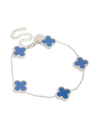Showcasing a mens waterproof stainless steel navy clover chain bracelet with charm details in cornflowerblue and silver, statement style front view - link has visual effect only
