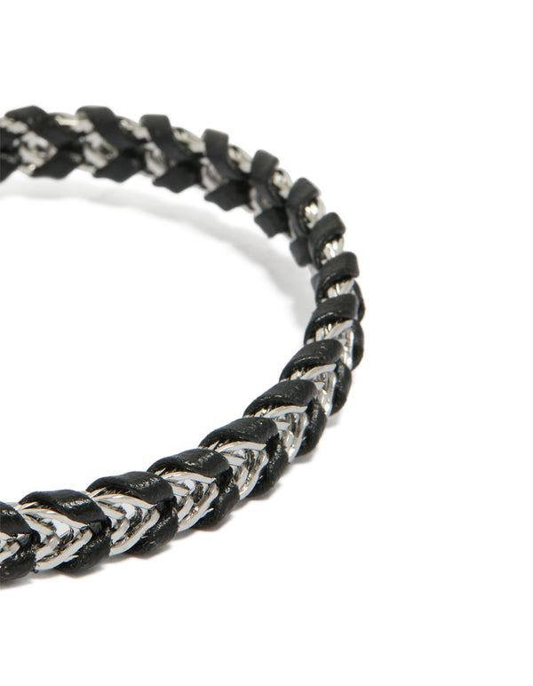 Mens Waterproof Stainless Steel & Black PU Leather Braided Chain Bracelet