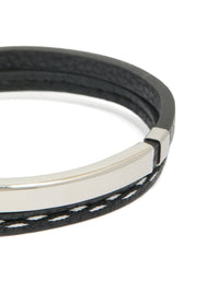 Mens Waterproof Stainless Steel Black PU Leather & Cord Detail Bracelet - link has visual effect only