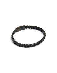 Mens Waterproof Black Coated Stainless Steel & PU Leather Braided Bracelet - link has visual effect only