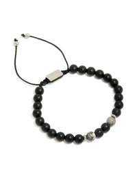 Showcasing a mens waterproof black beaded toggle bracelet with stainless steel accents in grey and silver front view - link has visual effect only