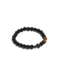Introducing a mens waterproof black coated stainless steel beaded bracelet featuring cross with tigers eye front view - link has visual effect only