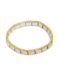 Mens waterproof mixed plated stainless steel stretch link chain bracelet in gold and silver front view - link has visual effect only