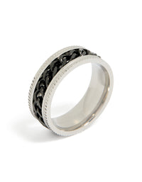 Showcasing a mens waterproof stainless steel band ring with black chain detail in silver side detail view - link has visual effect only