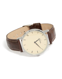 Showcasing a mens vintage snake skin style PU leather watch with brown strap and white roman numeral dial in round shape designed for formal analog occasions front view - link has visual effect only