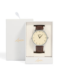 Presenting a mens vintage snakeskin style PU leather watch with brown strap and white roman numeral dial in round shape for formal analog occasions watch case detail view - link has visual effect only