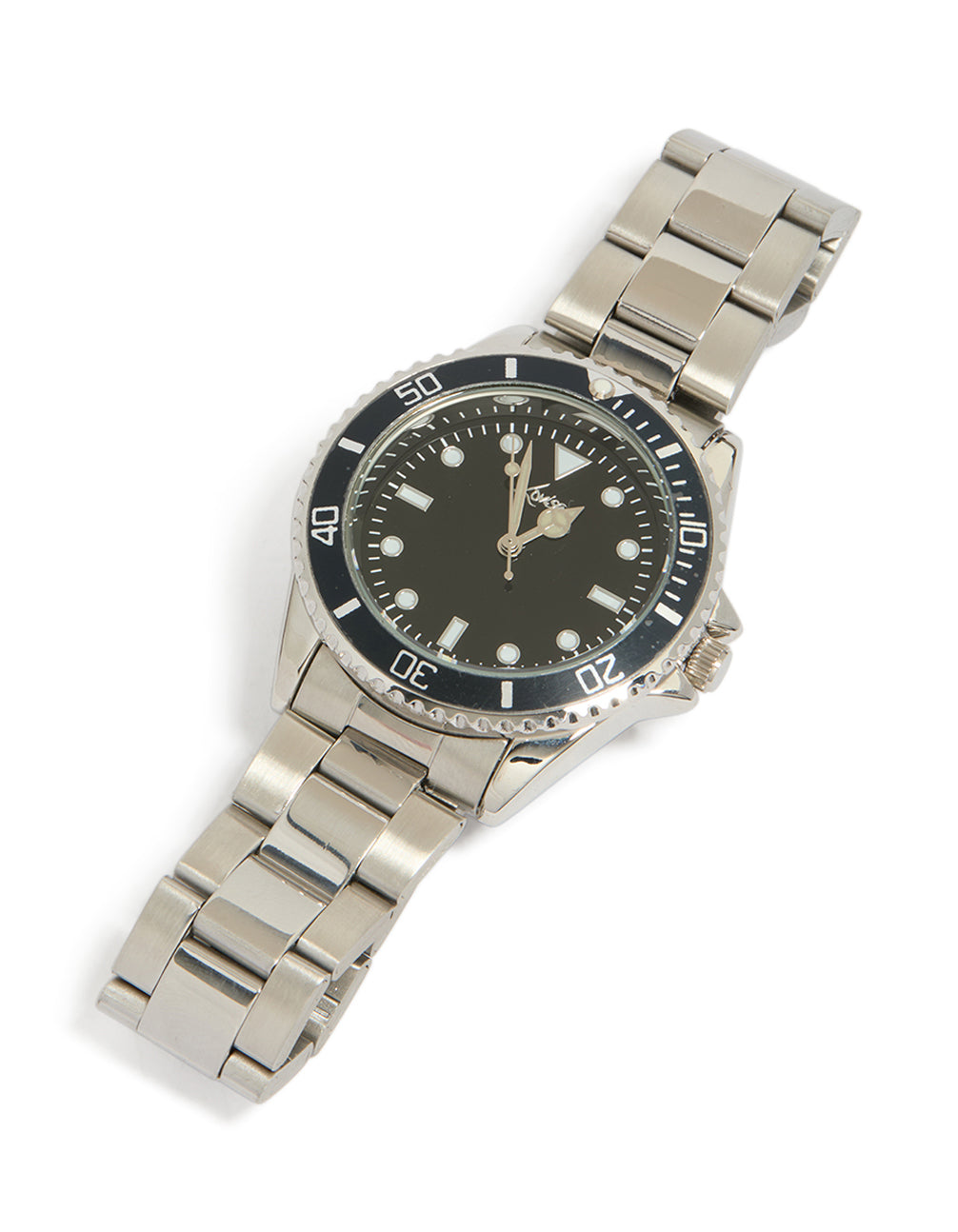Showcasing a men's analog watch with black round dial and link-band strap in silver for sports occasions front view