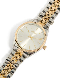 Discover the mens mixed metal etched link classic watch with white dial, round shape, formal occasion styling, link band strap in multi-color, analog type watch face detail view - link has visual effect only