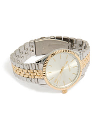 Beautifully crafted mens mixed metal etched link classic watch featuring white dial, round shape, formal occasion design, multi-color link band strap, analog type front view - link has visual effect only