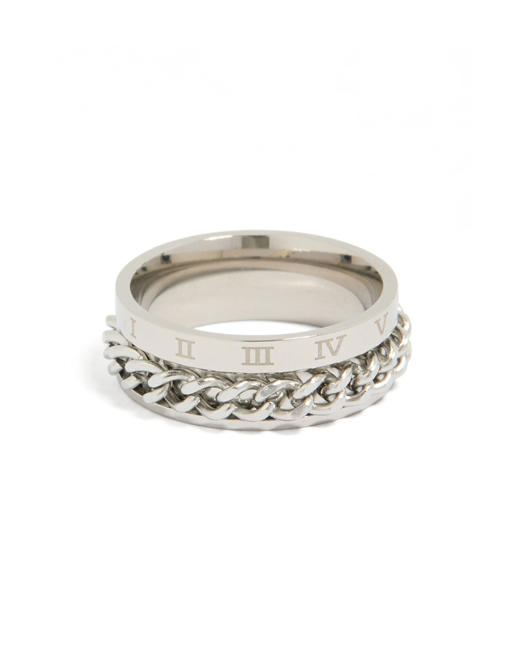 Showcasing a mens waterproof stainless steel chain ring with roman numeral detail in silver front view