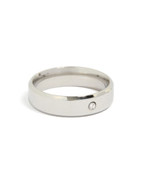 Showcasing a mens waterproof stainless steel smooth solitaire cubic zirconia band ring crafted from crystal in silver with clear accents front view - link has visual effect only
