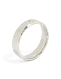 Featuring a mens waterproof stainless steel smooth solitaire cubic zirconia band ring designed with crystal in silver and clear side detail view - link has visual effect only