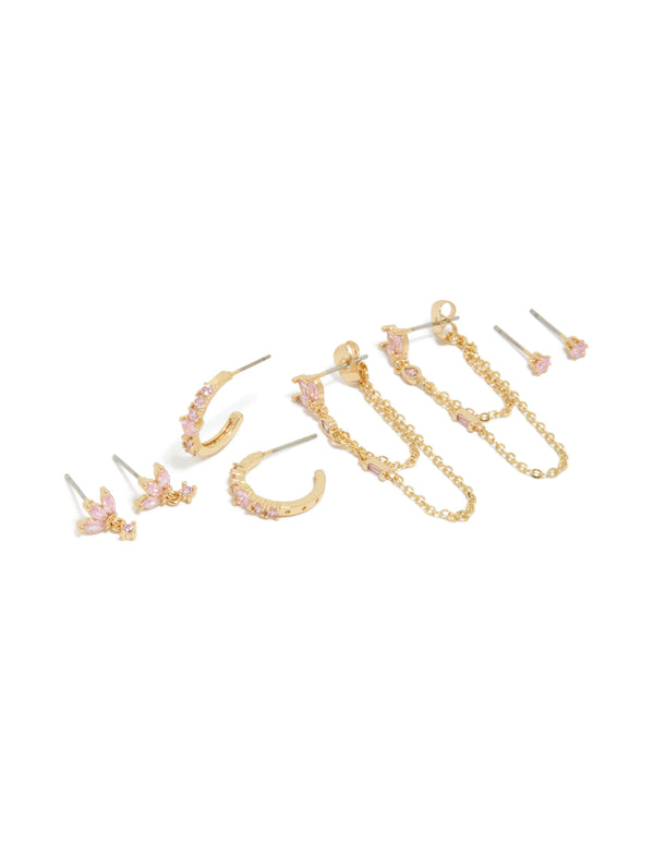 Gold Plated Light Pink Cubic Zirconia Stacker Earrings 4-Pack