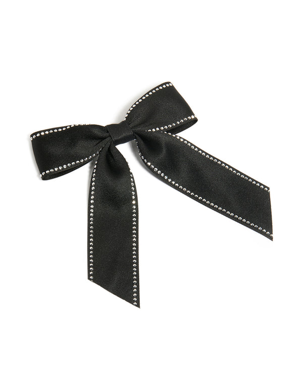 Elegant bow clip with diamante edge in solid black and silver front view