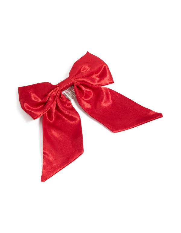 Elegant red satin fabric bow short comb with solid print front view