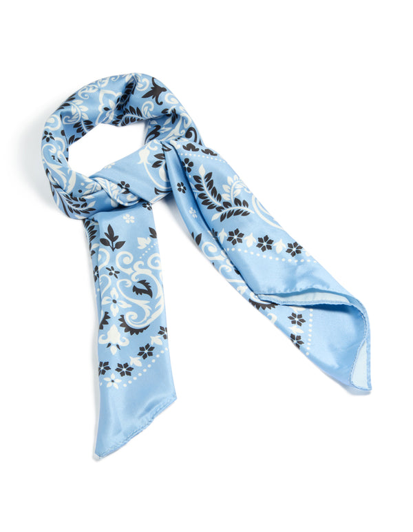Showcasing a pale blue printed paisley fabric scarf featuring leaf accents in light sky blue, white, and black front view