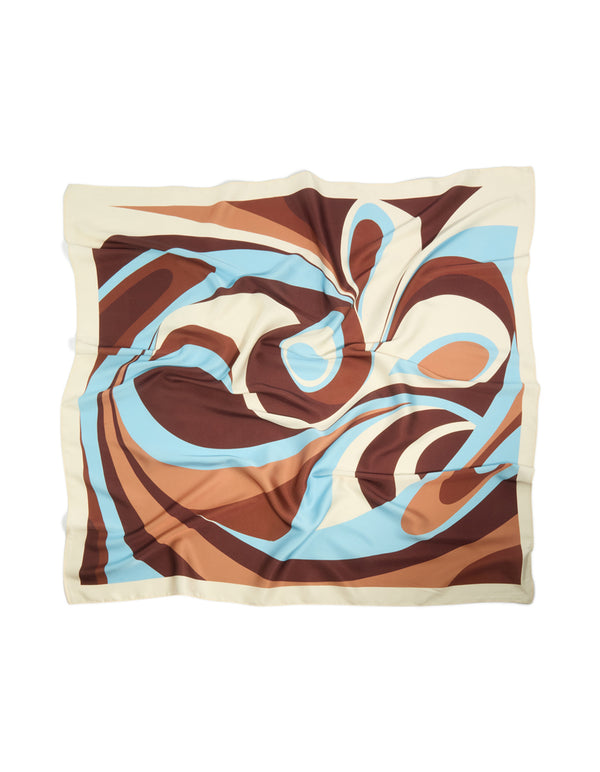 Elegant pale blue chocolate brown surreal swirl scarf featuring abstract print in ivory and peru hues detail view