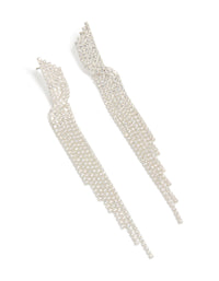 Showcasing silver cubic zirconia cupchain drop earrings with cup chain tassel design front view - link has visual effect only