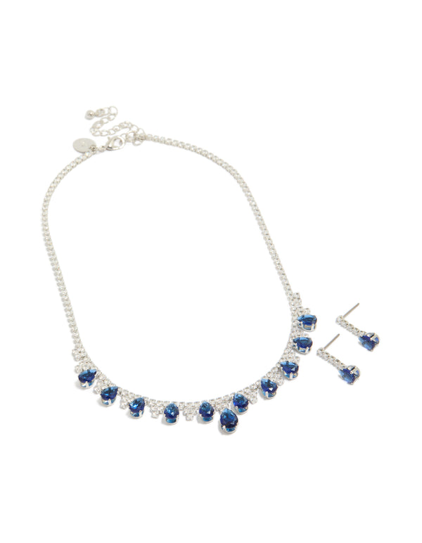 Silver Dark Blue Cubic Zirconia  Necklace & Earrings Set
