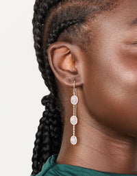Showcasing silver plated pink stone thread through earrings with statement design on ear view - link has visual effect only