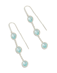 Showcasing silver plated blue stone thread through earrings with pale turquoise details front view - link has visual effect only